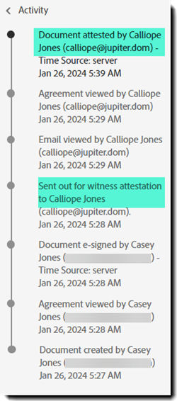 The Activity list highlighting the witness attestation