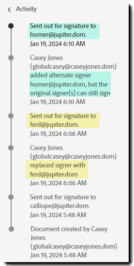 The agreement's Activity list highlighting the Replace and Add Recipient events.