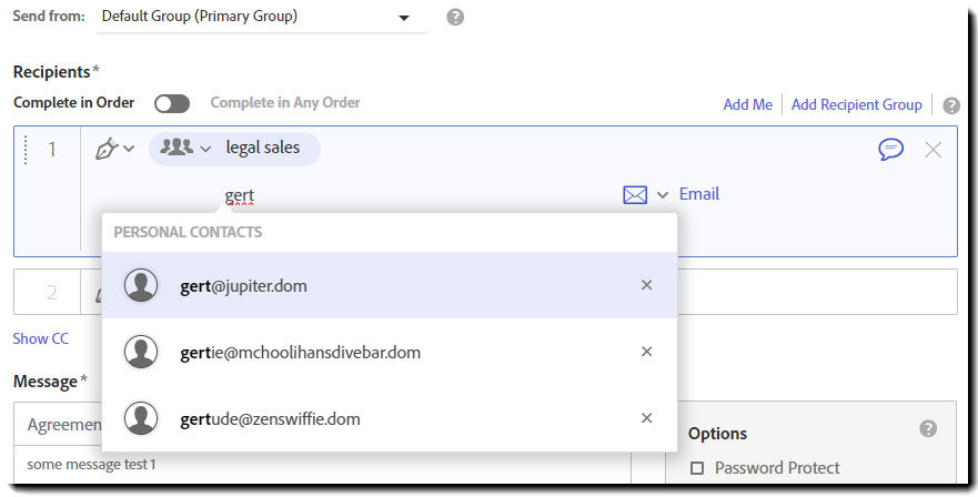 The Send page showing a recipient group with a partly typed in group name and the address book provided matches.