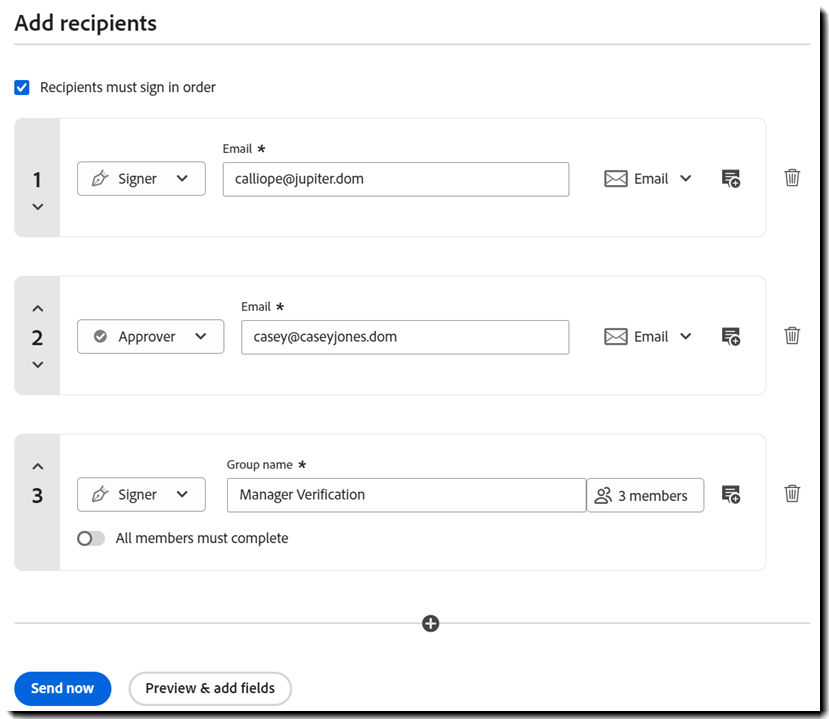 The recipient environment highlighting the recipient group with three members.