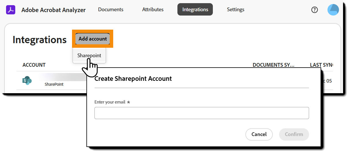 The Integrations page with the SharePoint option highlighted