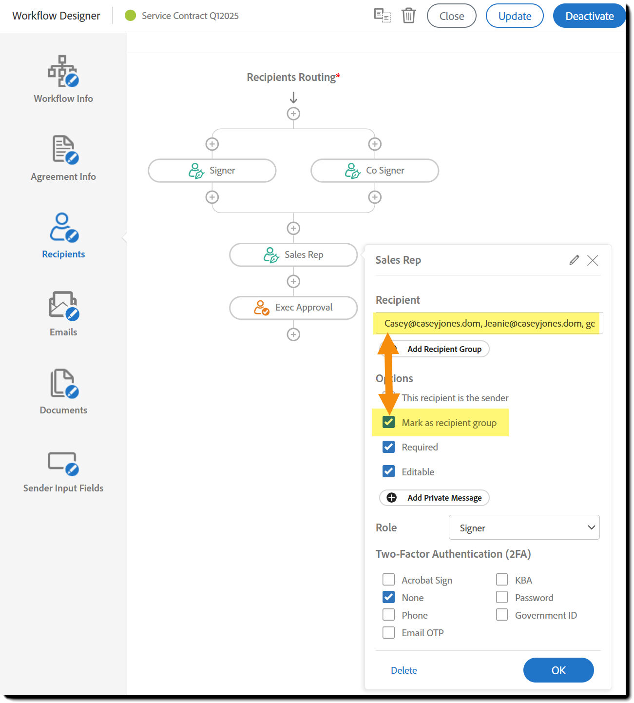 The workflow designer with Mark as recipient group selected and the resulting Send page with the recipient group members listed