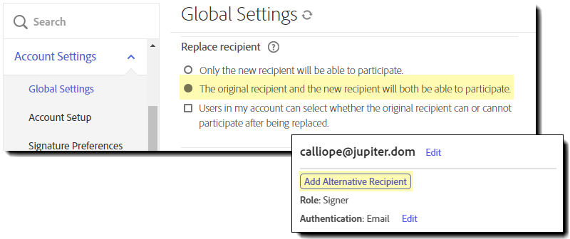 The Global Settings admin menu highlighting the Add Alternate Recipient option with an inset of the Manage page controls for the sender.