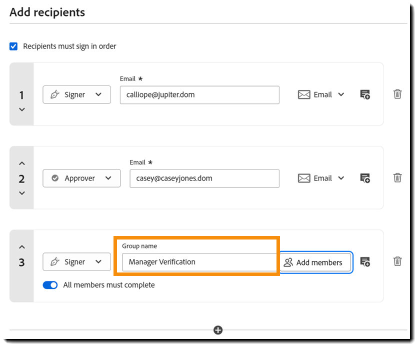 The Request Signatures "Add recipeint" section highlighting a group recipient with the group name highlighted.