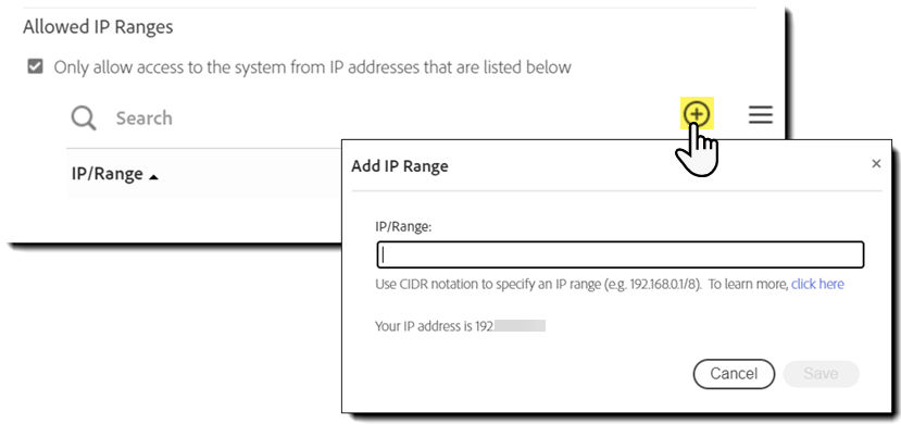 The control for "Allow IP Ranges" displaying the input field.