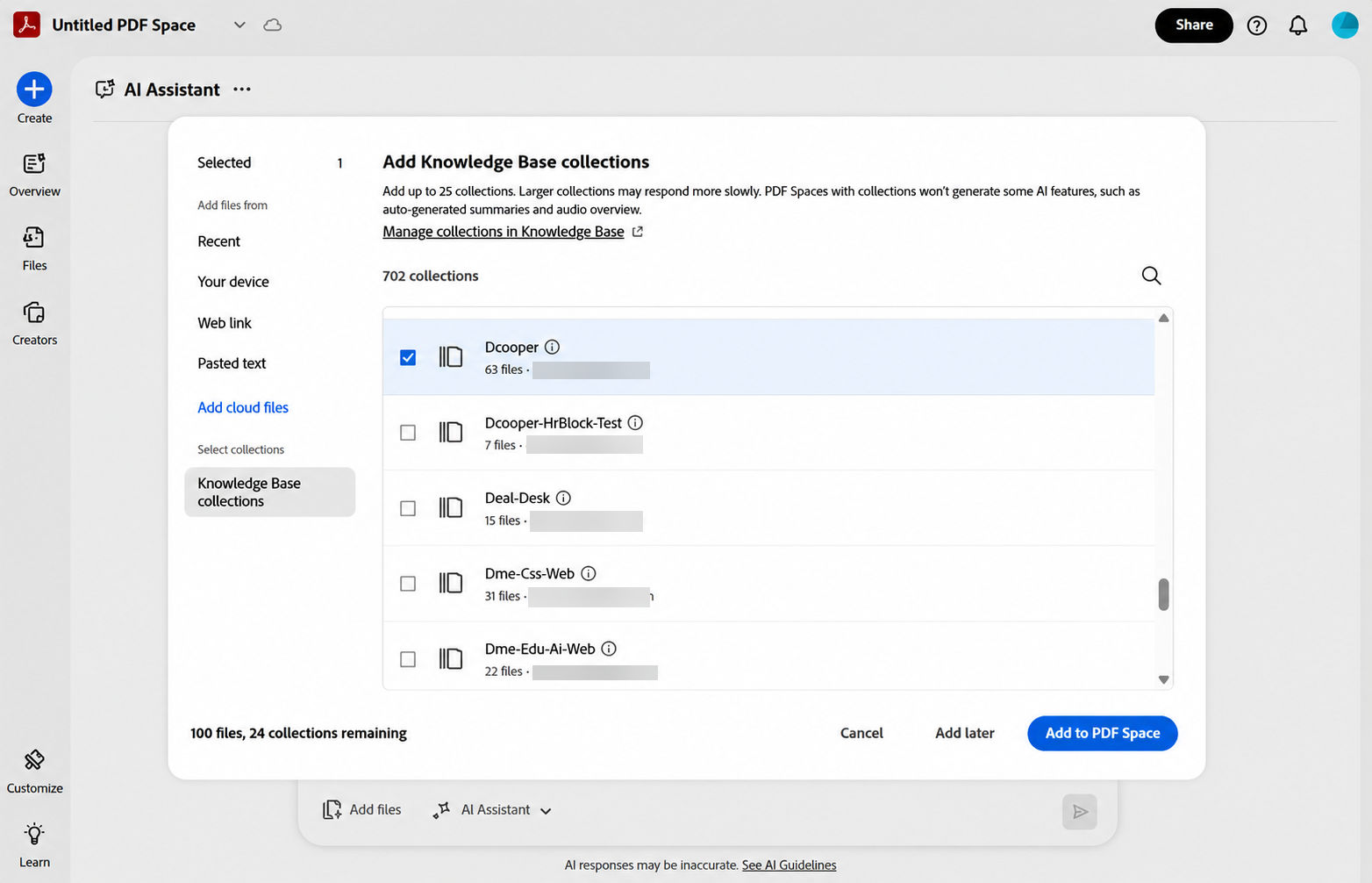 Add Knowledge Base collections dialog in PDF Spaces showing a list of available collections with checkboxes, search field, and Add to PDF Space button.