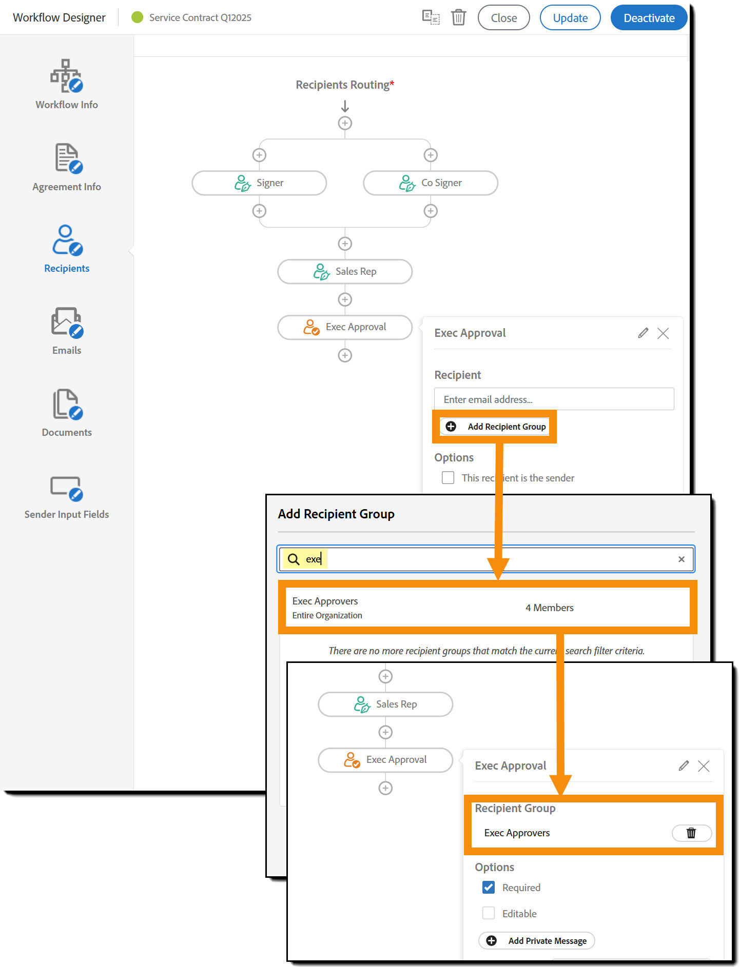 The recipient configuration panel with the Add Recipient Group button highlighted. Including the recipient group picker window and the resulting Send page