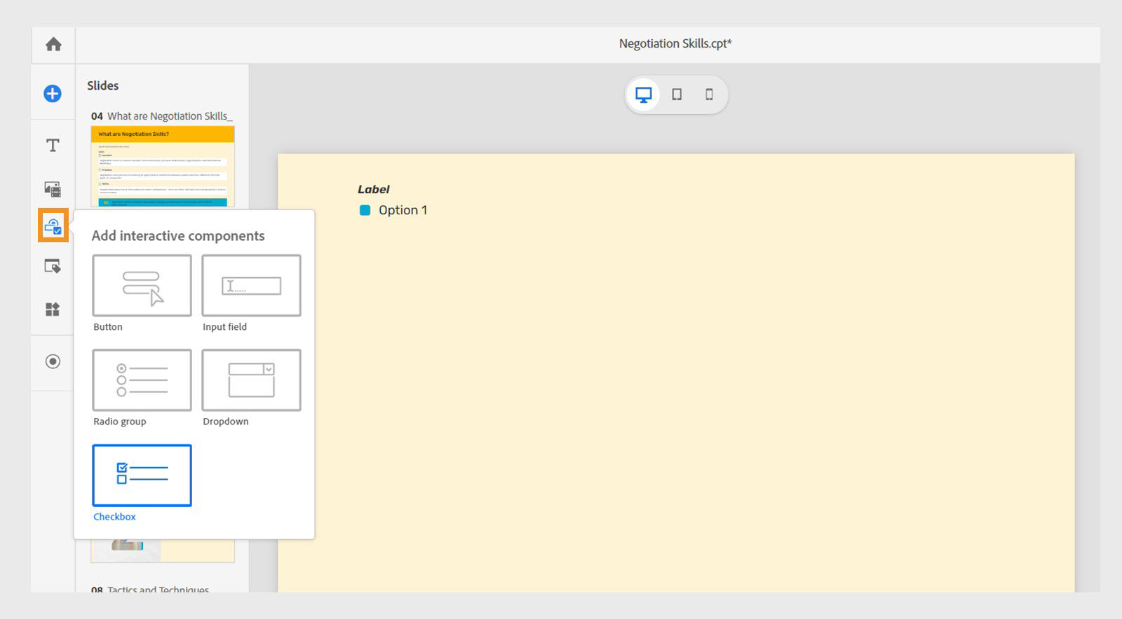 This image shows how to add a checkbox from the list of interactive components from the left toolbar