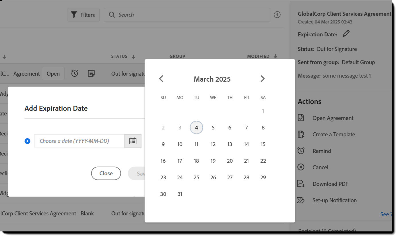 The deadline date picker on the Manage page.