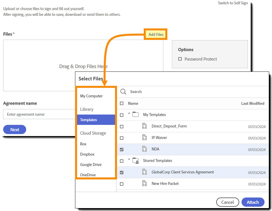 Select a file pop-out menu