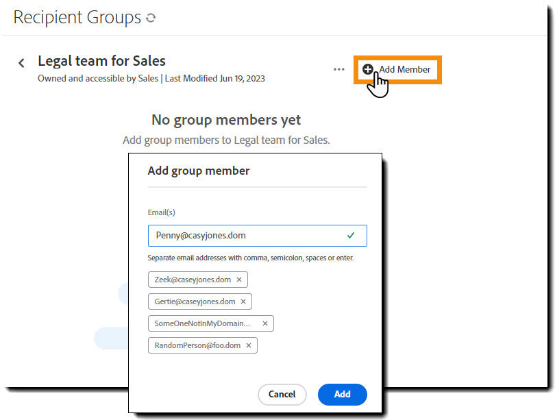 The empty recipient group page with the Add group member panel exposed