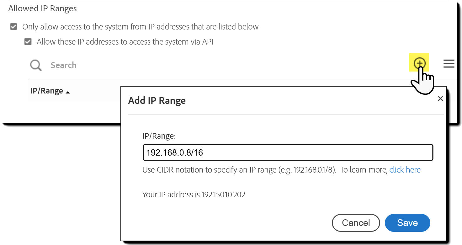 The control for "Allow IP Ranges" displaying the input field.