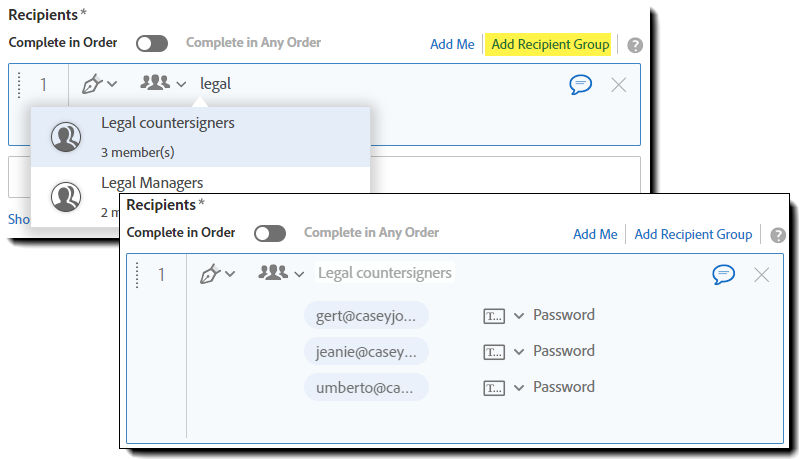 Two images of the recipient group on the Send page, one with the group name partly entered, showing the address book options, and one with the list of member recipients exposed