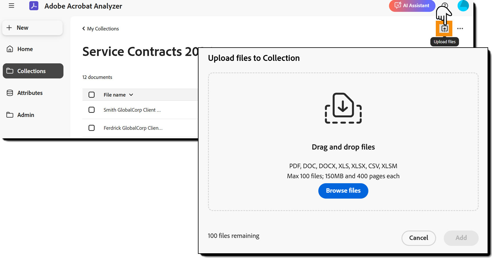 The Collection opened and the Upload files button highlighted
