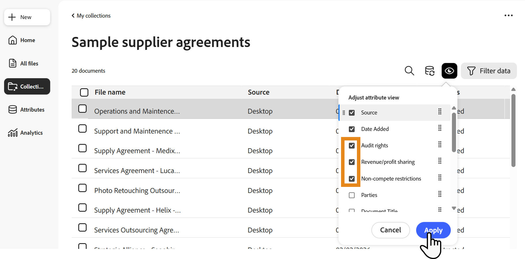 Alt text: Collection table showing documents with populated custom attribute columns.