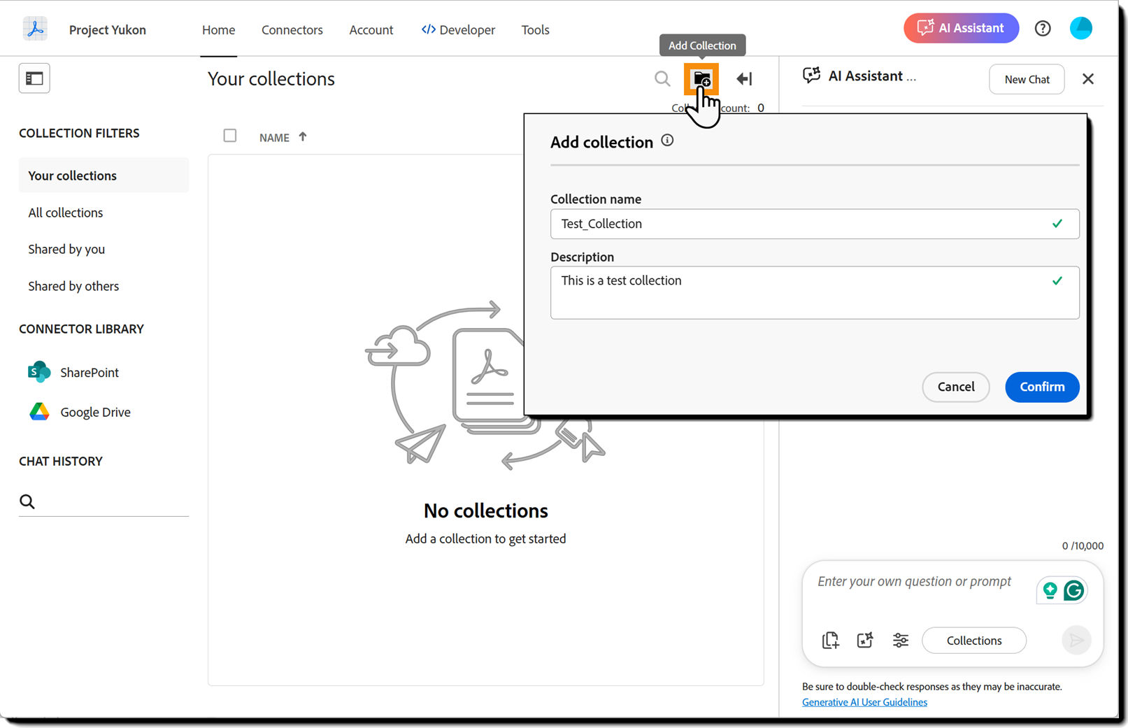 The "Home" page with the "Add collection" icon highlighted