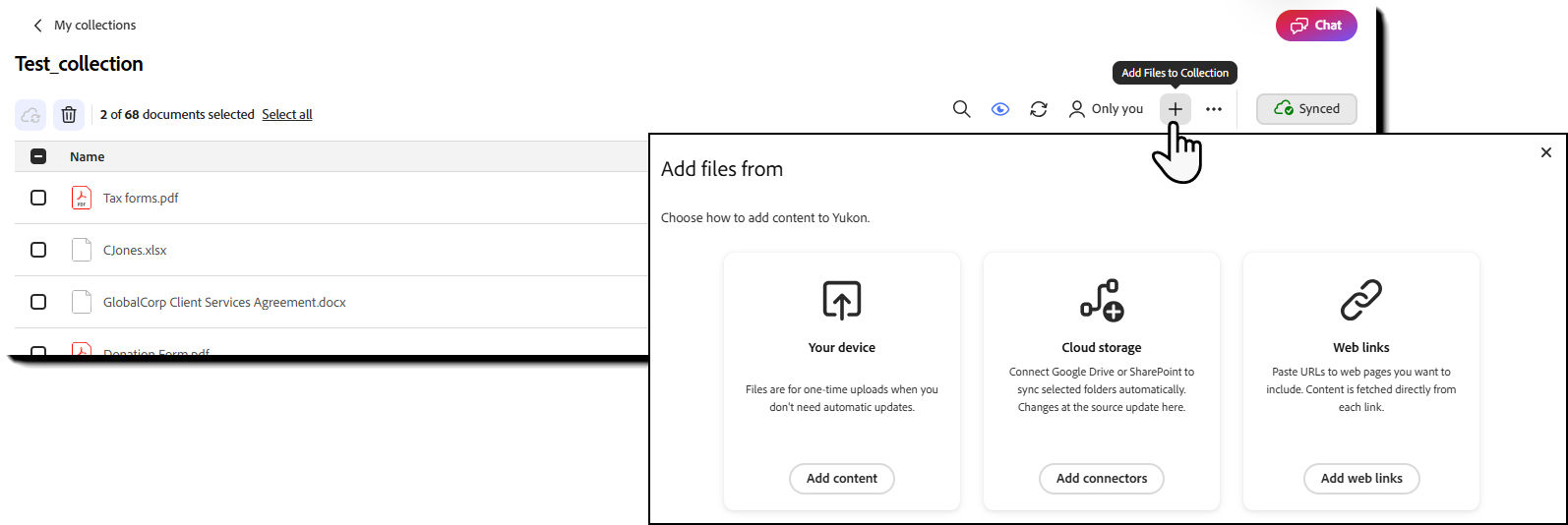 The Collection view with the Add files button highlighted