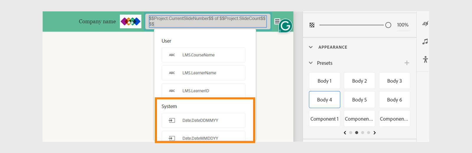 Add a date variable in a header