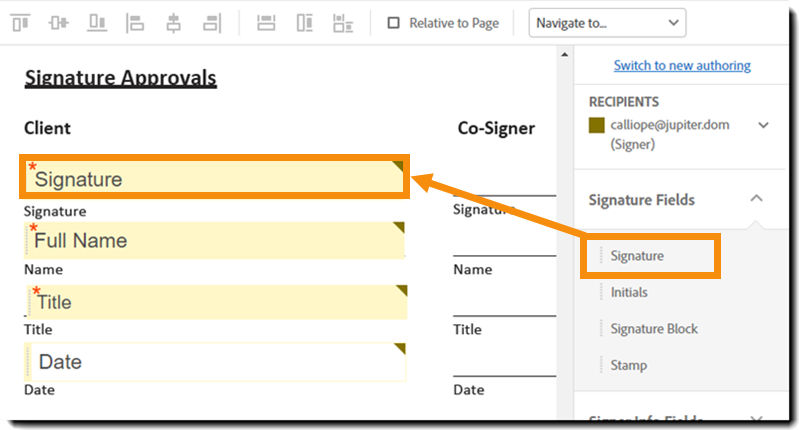 The authoring environment highlighting the signature fields