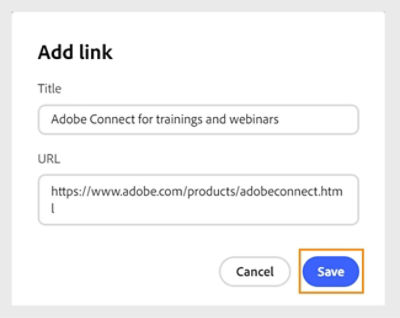 Add Link interface with input fields for entering a link title and its corresponding URL