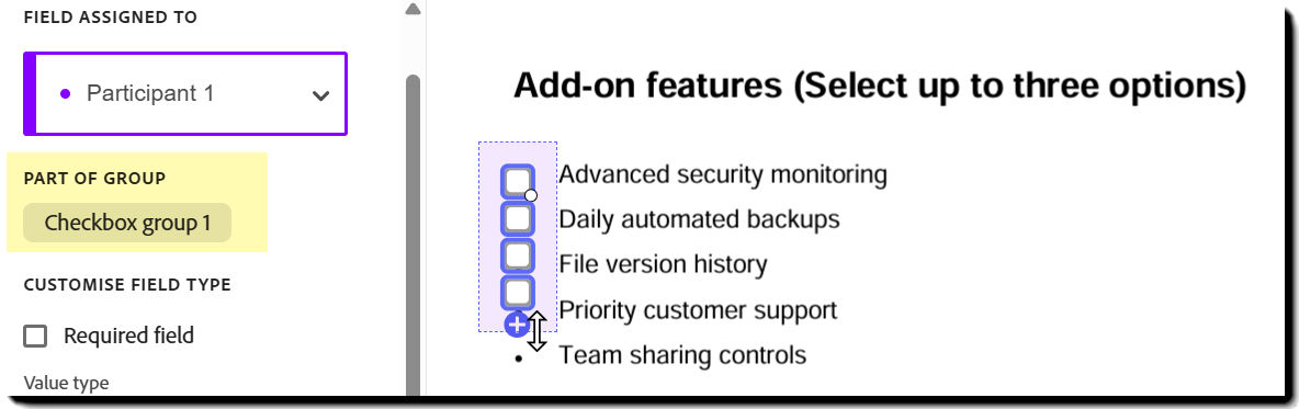 Multiple checkboxes placed with the Add more icon exposed