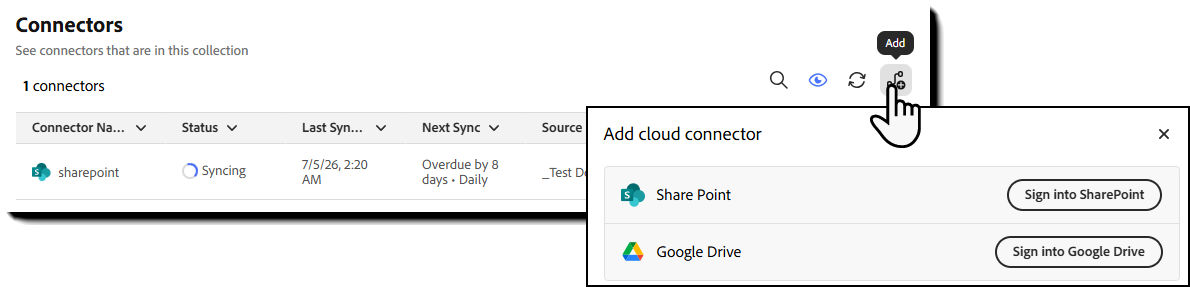 Manage connectors window with the Add new option.