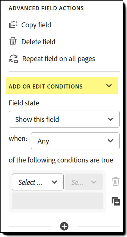 The Add or Edit Conditions section of the field properties.