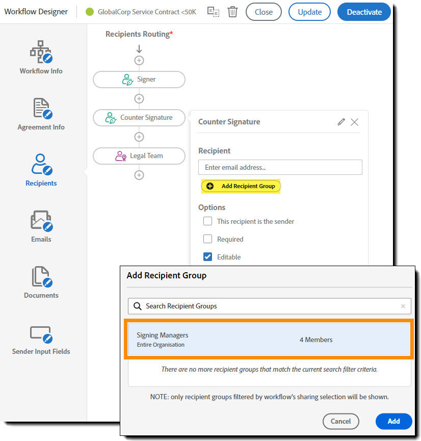 View of the Recipients section in the custom workflow designer with the recipient open and the Add recipient group button highlighted