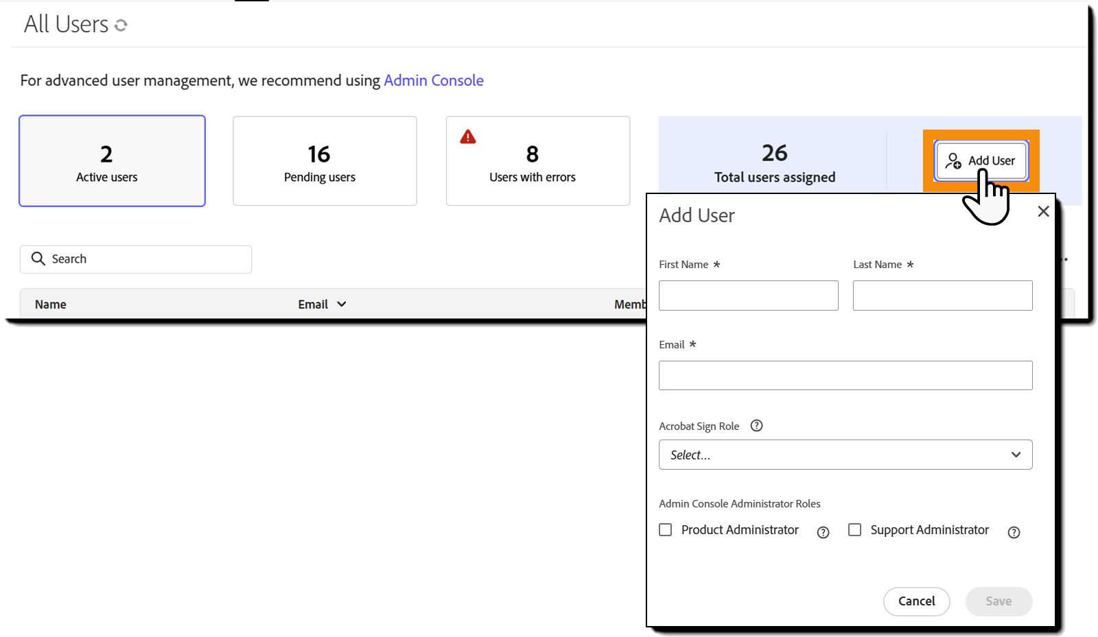 The Users page with the XXX highlighted