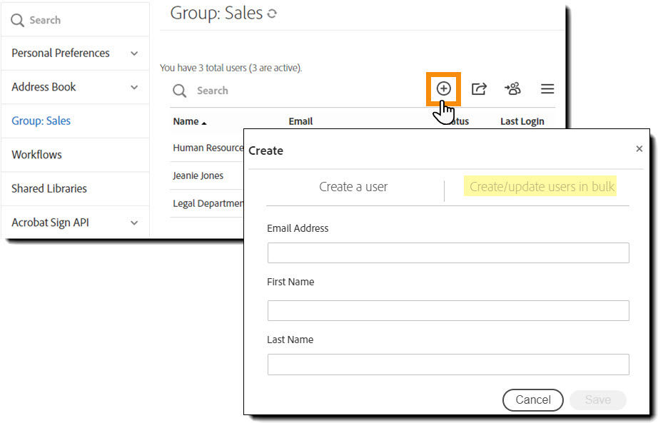 The User Settings interface with the Add user icon highlighted and the Create interface displaying the new user input fields