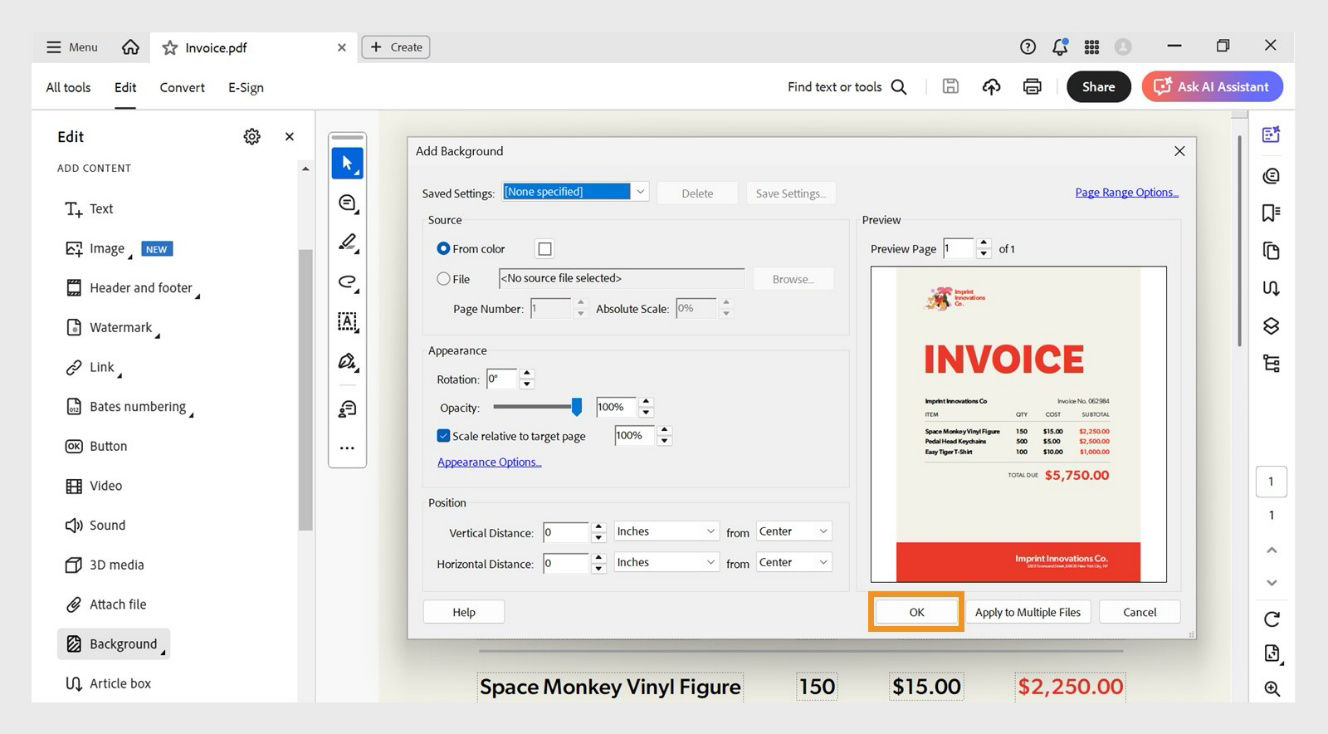 Add Background dialog open with options to set source, appearance, and position, and the OK button highlighted for confirmation.