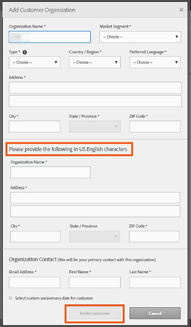 Add Customer Organization dialog displaying fields for organization details, market segment, customer type, region, address, and primary contact information.