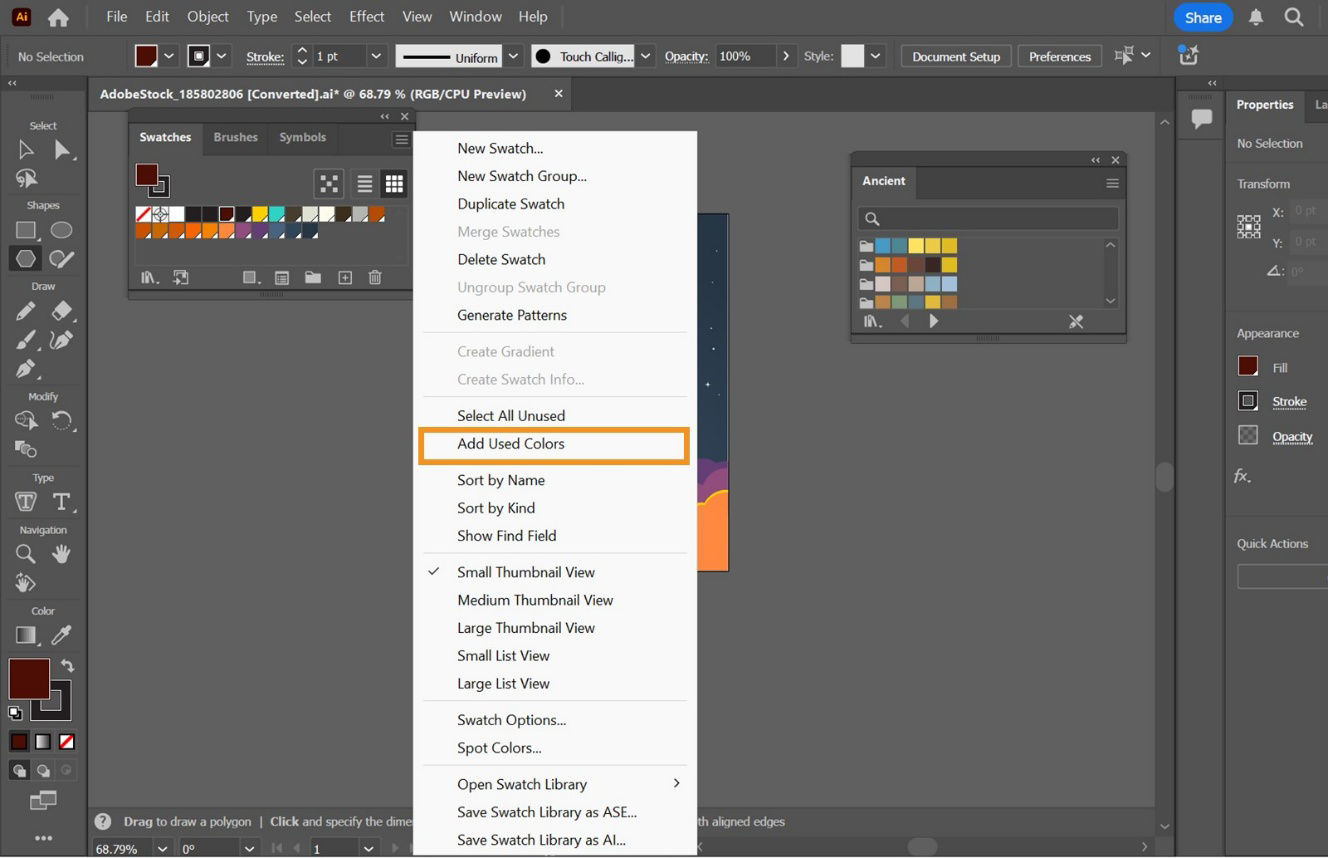 Add Used Colors is highlighted under the Swatches panel menu.