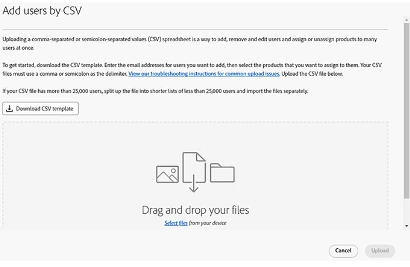 Add Users by CSV dialog in the Admin Console.