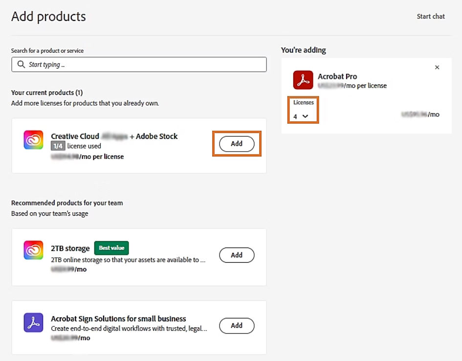 Add a products page showing product selection and license quantity options.
