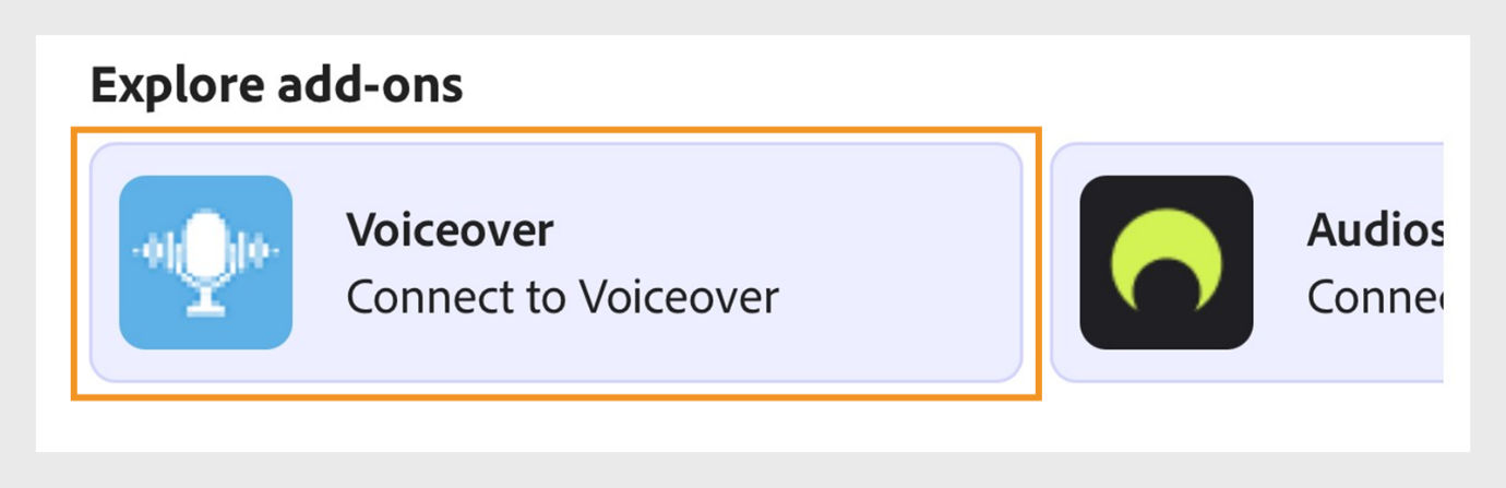Add-on options under Explore add-ons showing Voiceover and Audios with the Voiceover option highlighted.