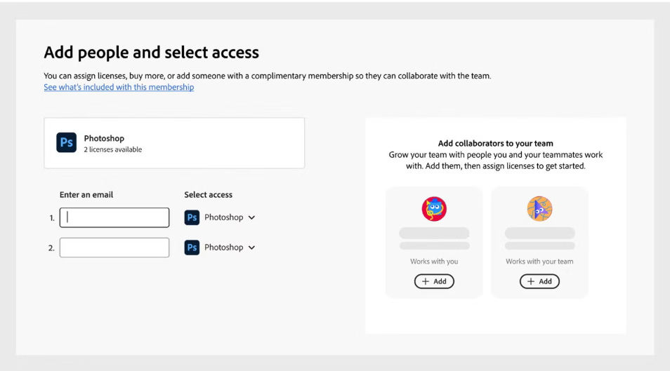 Add people page showing email fields, app access options, and collaborator recommendations to add users and assign them the specifieed product access.