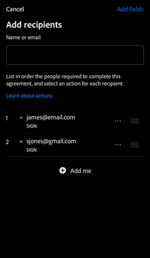 Add recipients screen in Acrobat showing email input field, list of recipients with assigned signing order, and option to add yourself.