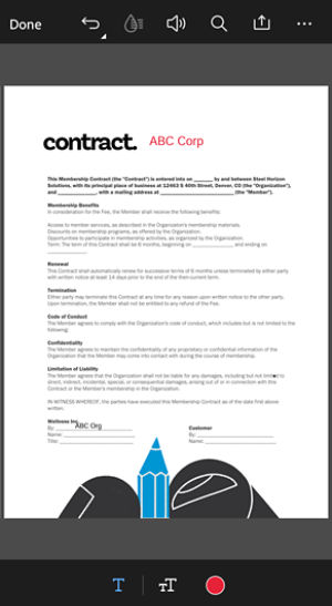 Add text tools displayed at the bottom of the Acrobat mobile screen with newly added text highlighted in red in the PDF document.