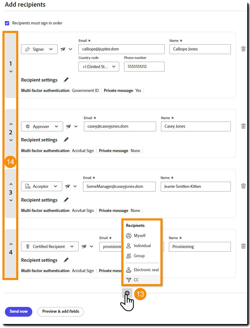 The Add recipients section with the add recipient icon and recipient adjustment arrows highlighted