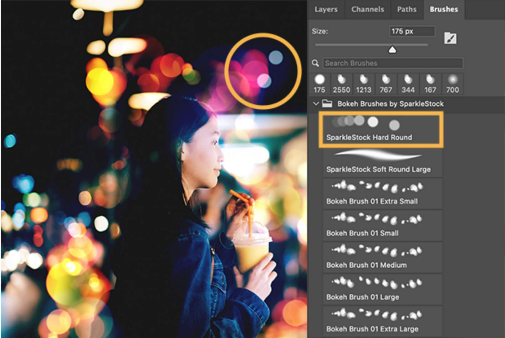 Additional bokeh effects are circled in yellow within the image, and the Sparklestock Hard Round brush is selected in the Brush panel.