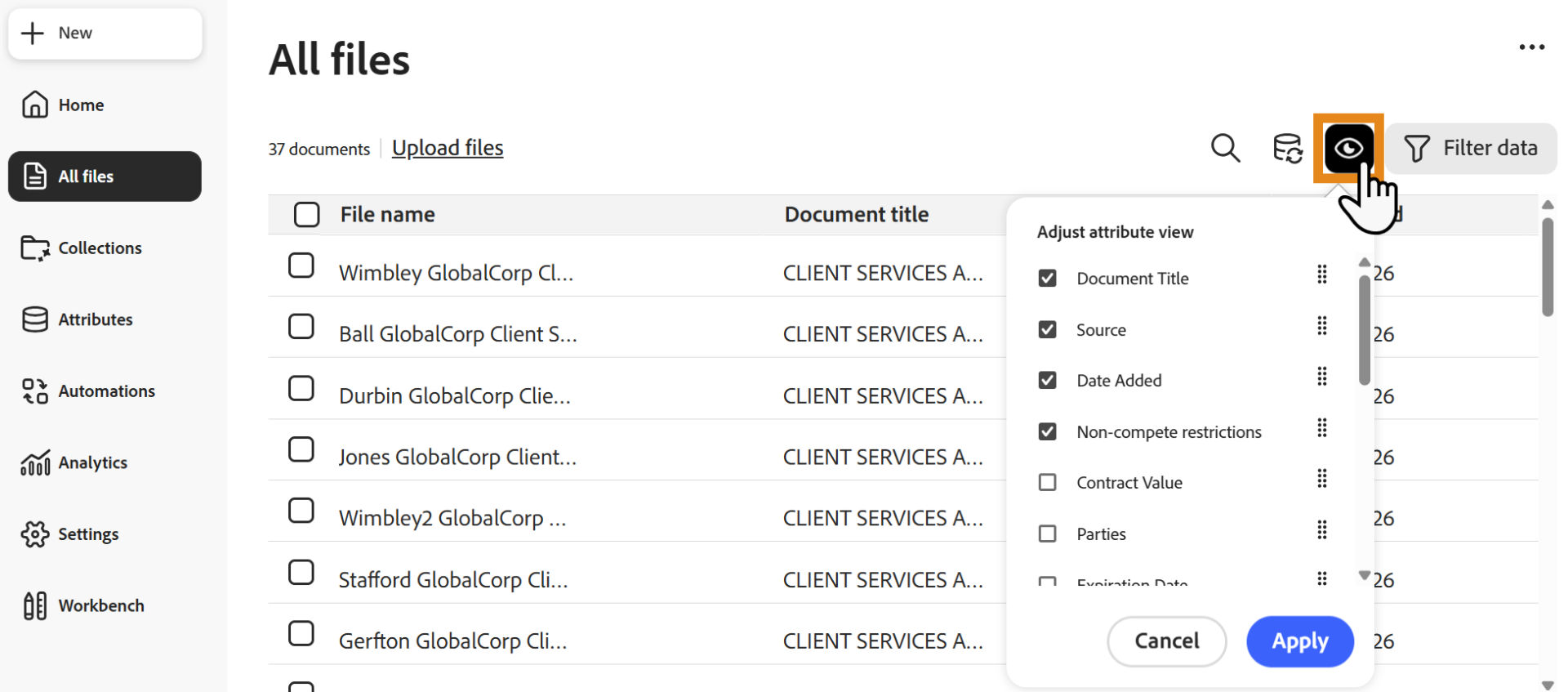 Adjust attribute view panel showing selectable columns and drag handles for changing their display order.