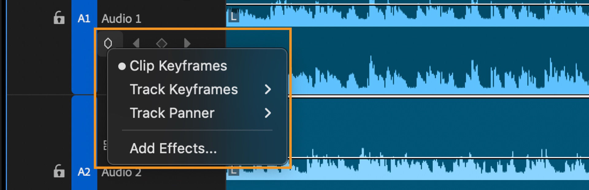 The Show keyframe icon is selected and the context menu is open. The context menu has Clip Keyframes, Track Keyframes, and Track Panner options. The options can be adjusted to audio track volume in Premiere Pro.