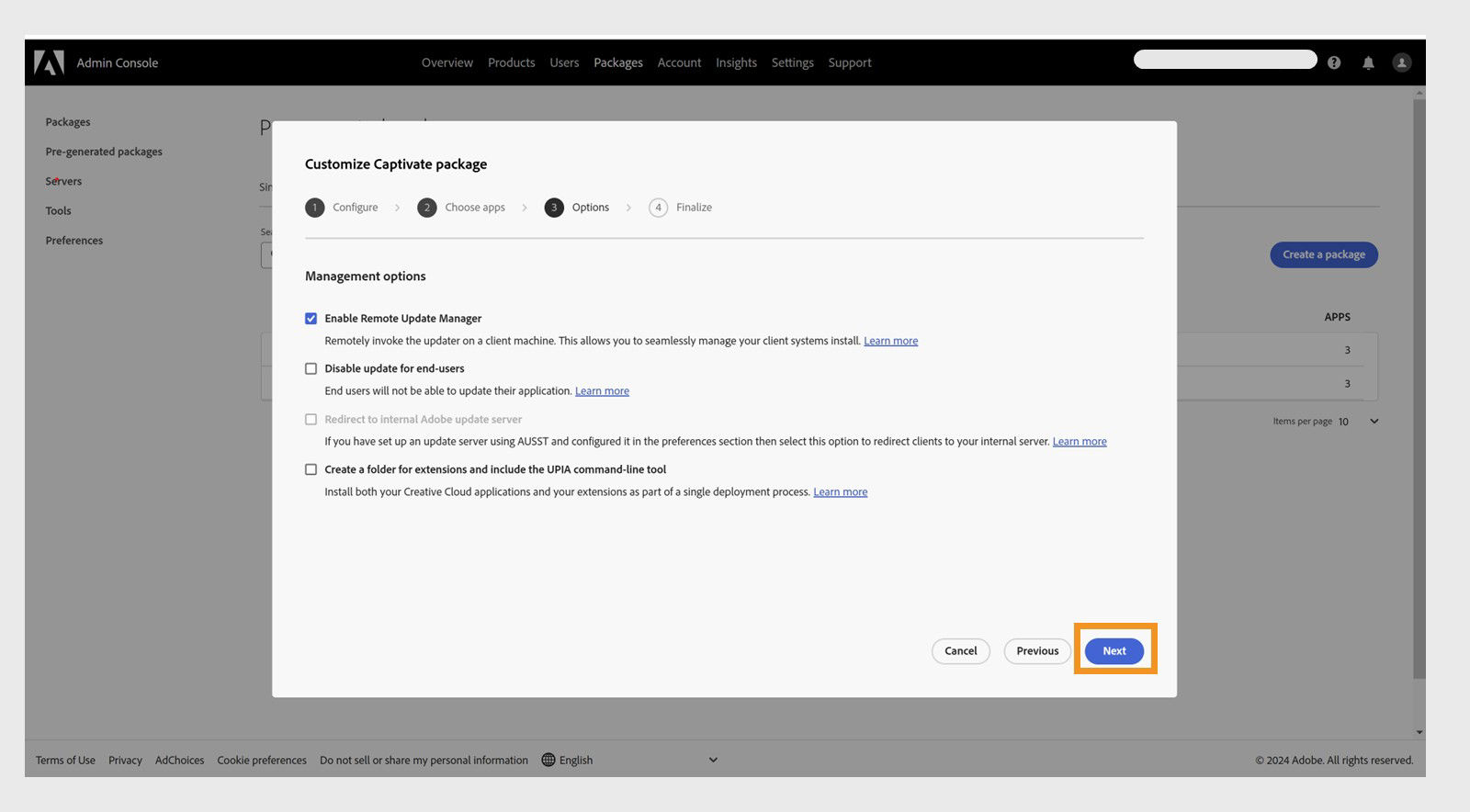 Choose management options for creating the package