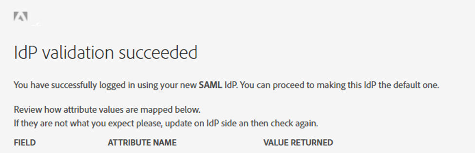 Admin Console IdP validation succeeded page