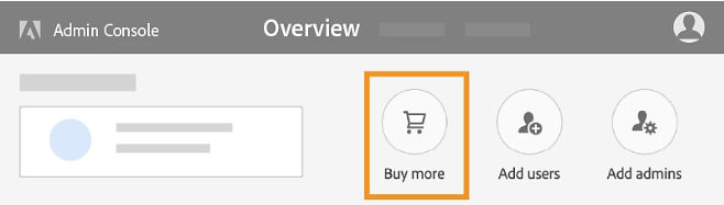 Admin Console Overview page showing the Buy more option for purchasing additional products and licenses.