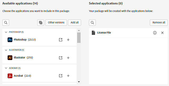Admin Console showing available applications on the left and selected applications on the right.