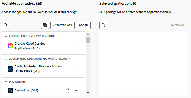 Admin Console showing available applications on the left and selected applications on the right.