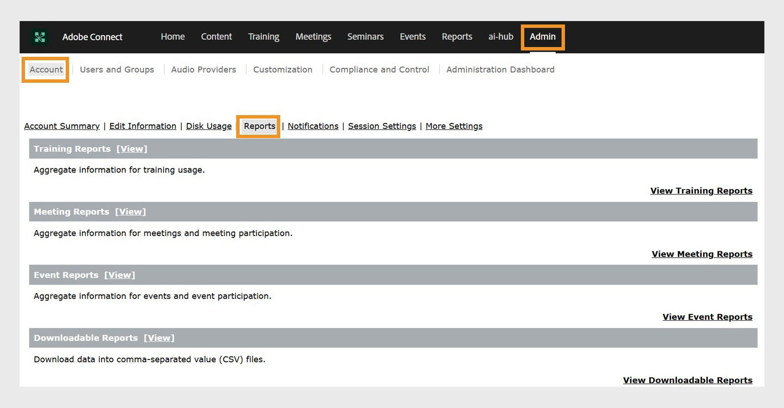 Admin interface showing the options for Account and Reports