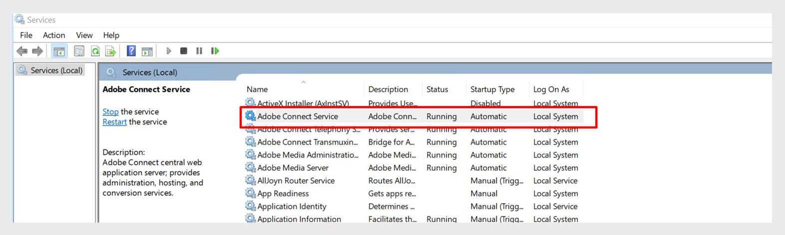 Services interface showing the Adobe Connect service